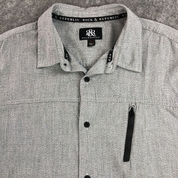 Rock & Republic Mens Shirt Large Gray Button Up Long Sleeve Front Zipper Cotton - Picture 5 of 12